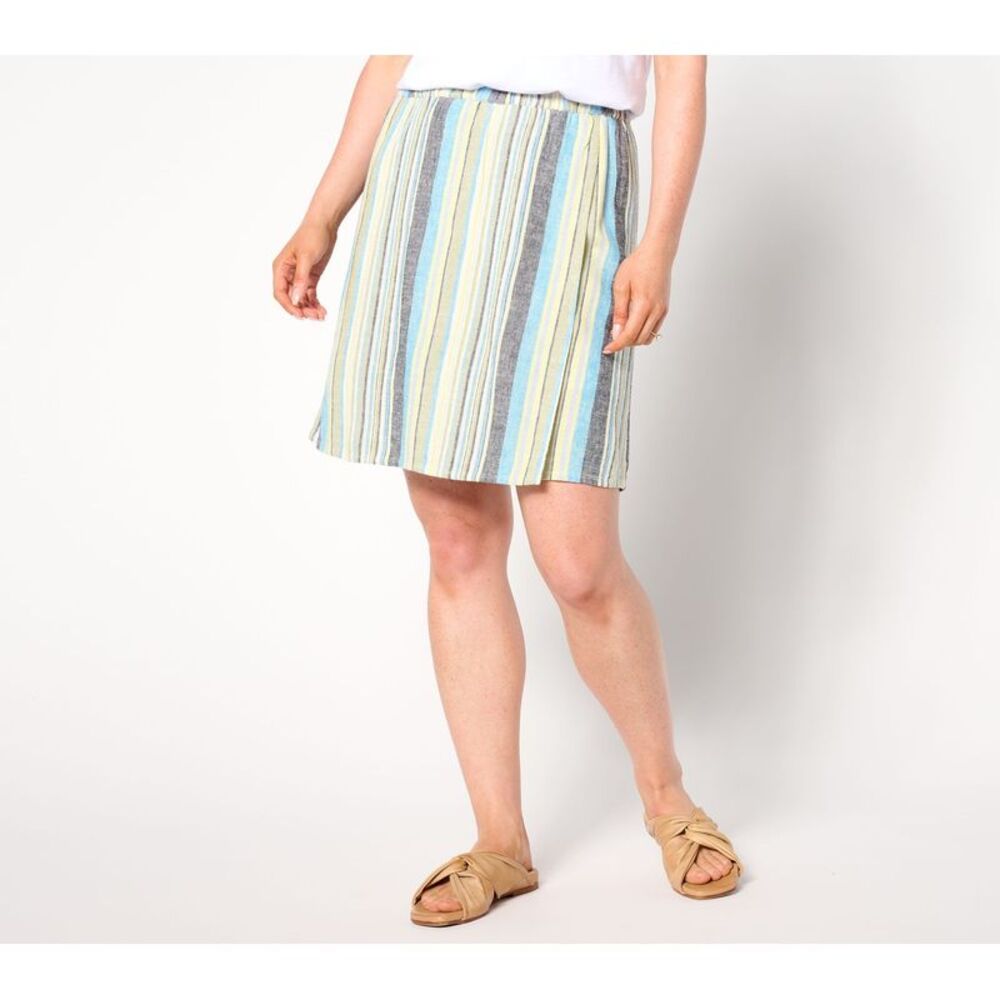 Denim & Co. Women's Petite Skirt PL Naturals Striped Linen Blend Brown A643734